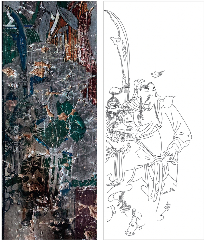 〔图六〕 悬空寺万佛洞西柱内侧面壁画关羽 李静杰摄、齐庆媛绘