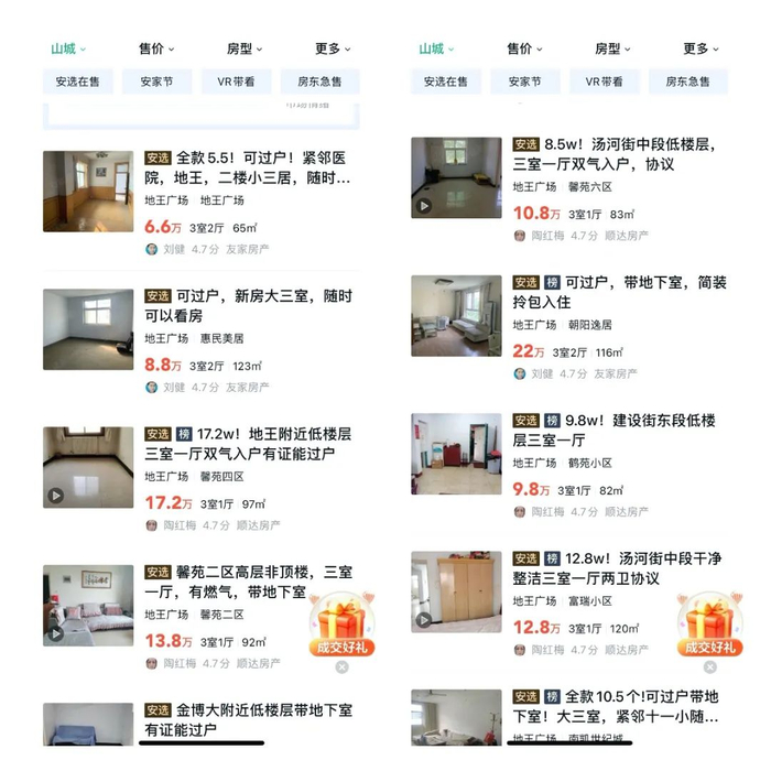 ▲鹤壁市山城区挂牌出售的二手房源。来源：安居客