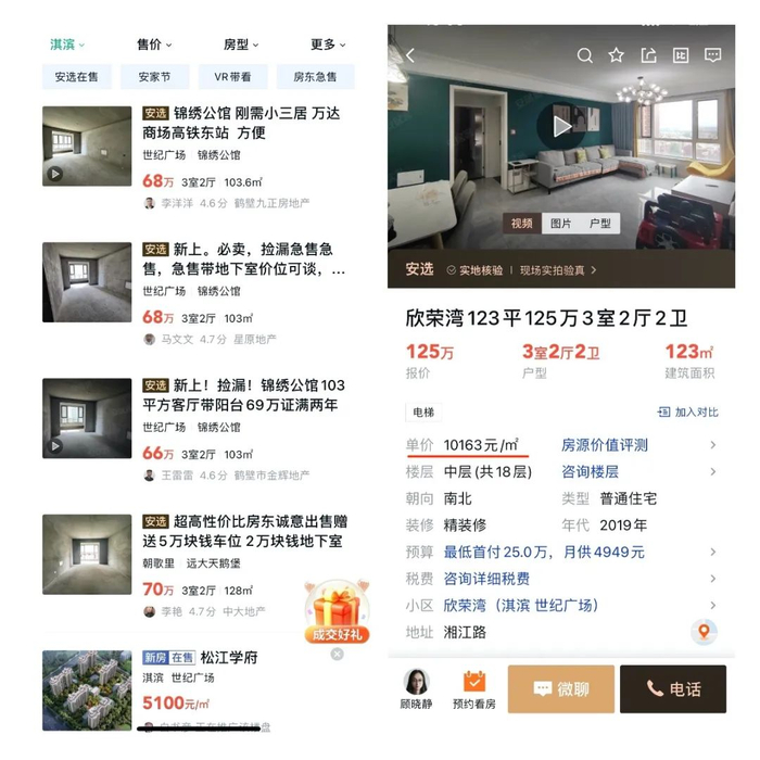 ▲鹤壁市淇滨区挂牌出售的二手房源。来源：安居客