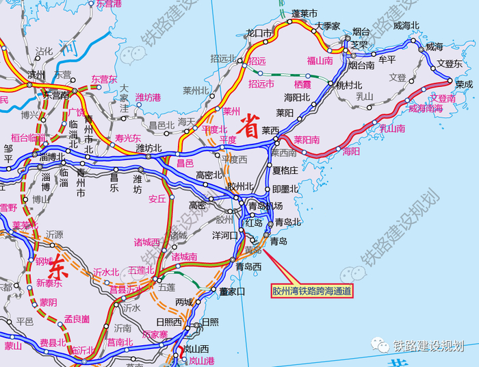 胶州湾铁路跨海通道位置示意图。（来源：铁路建设规划）