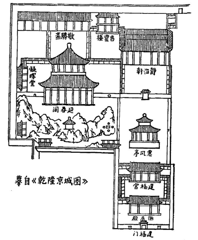 《乾隆京城图》中的建福宫花园图 （来源：《建福宫花园遗址》傅连兴 白丽娟）