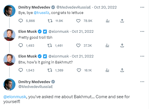 梅德韦杰夫与马斯克在推特上发文“互动”的截图
