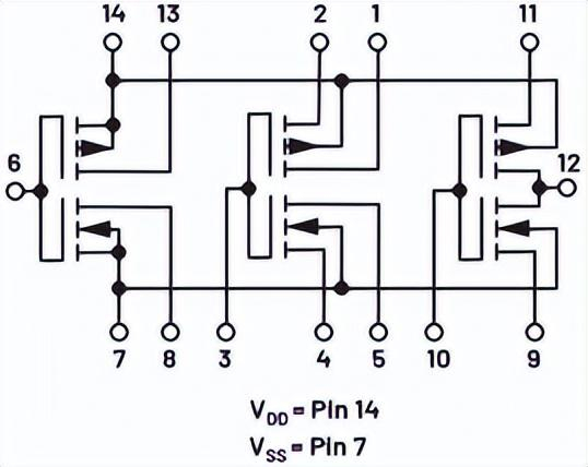 cd4007 cmos晶体管阵列引脚排列从一个cd4007封装可以构建多达三个