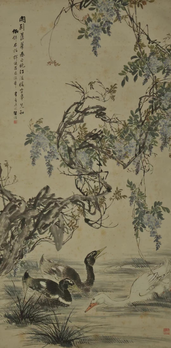 朱偁花鸟四条屏之紫藤游鸭图