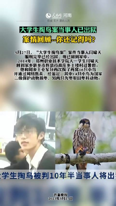 5月27日大学生掏鸟案案件当事人闫啸天服刑完毕已经出狱