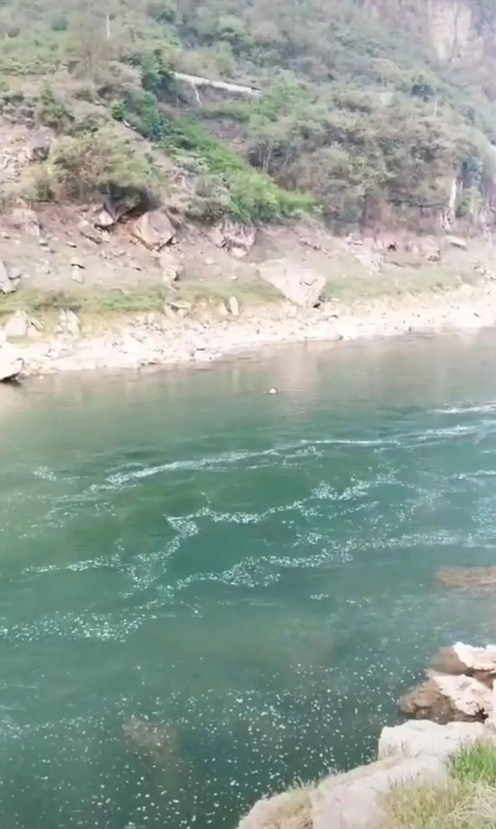 事发时凹河涨水，两人在水中挣扎（亲属提供的视频截图）