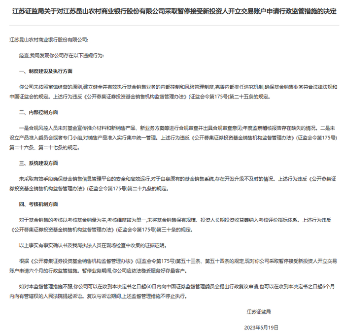 昆山农商银行因四方面违规被暂停接受新投资人开立交易账户