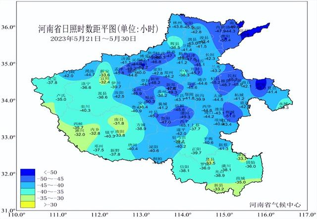 5月下旬河南省日照时数距平图