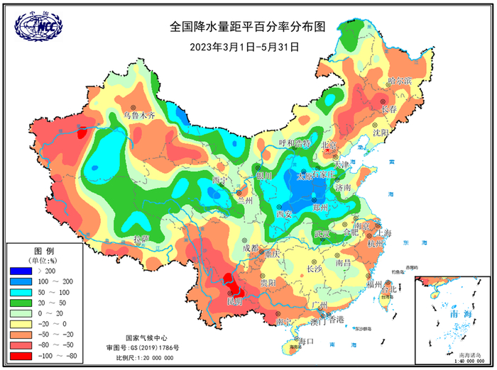 图6 2023年春季全国降水量距平百分率分布图（单位：%）