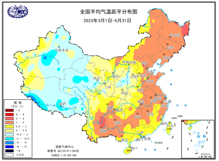 图2 2023年春季全国平均气温距平分布图（单位：℃）