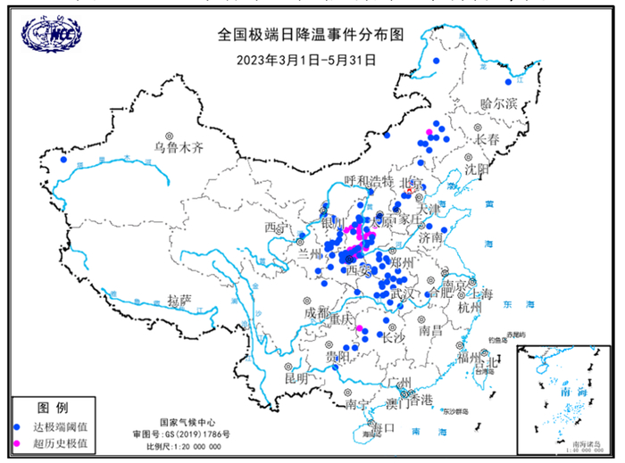 图4 2023年春季全国极端日降温事件分布图