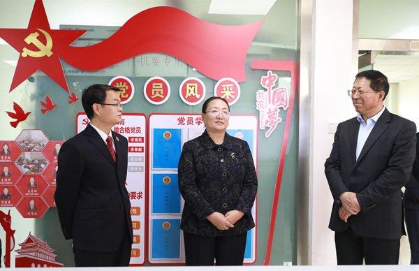 青海省检察院检察长查庆九(左)与省人大常委会副主任王黎明(右)、尼玛卓玛(中)交流开展主题教育的情况。
