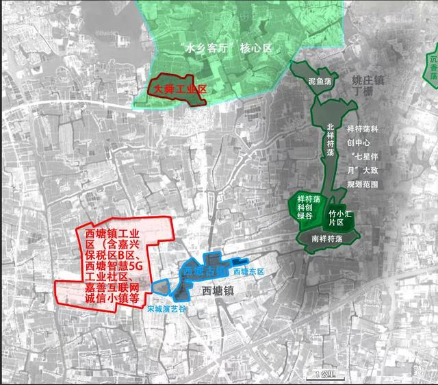 祥符荡规划片区与西塘镇和水乡客厅核心区区位关系 制图 赵忞 底图来源百度卫星图