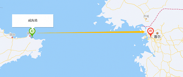 百度地图显示，中国的威海与韩国距离很近