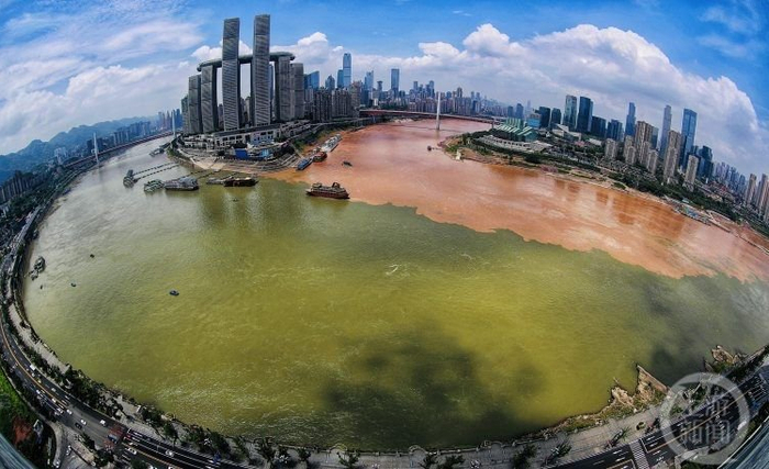重庆两江交汇出现"鸳鸯锅"奇观 水文部门释疑|嘉陵江|重庆市|长江