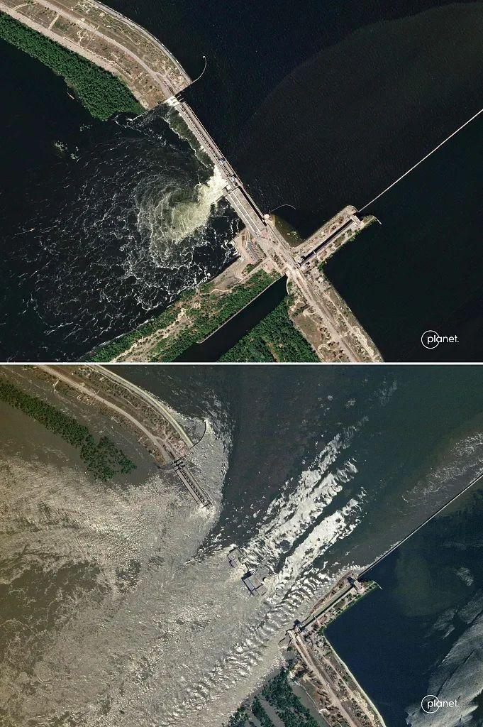 上图:当地技能6月4日,未受损的卡霍夫卡水电站;下图:6月6日,水流接受损的卡霍夫卡水电站。