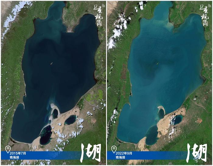 　↑2022年跟2015年相比，从卫星图上下部分看青海湖水体面积扩大。