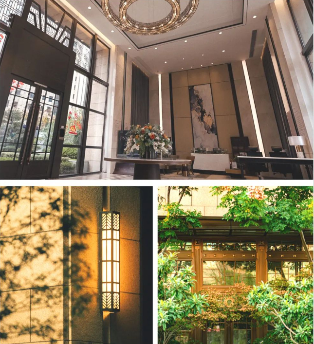 ▲南京河西金茂府，黄金麻全干挂石材覆盖，双层大堂挑高设计气势恢弘，古堡灰的大理石地面，带来内敛华贵的尊崇归家体验。