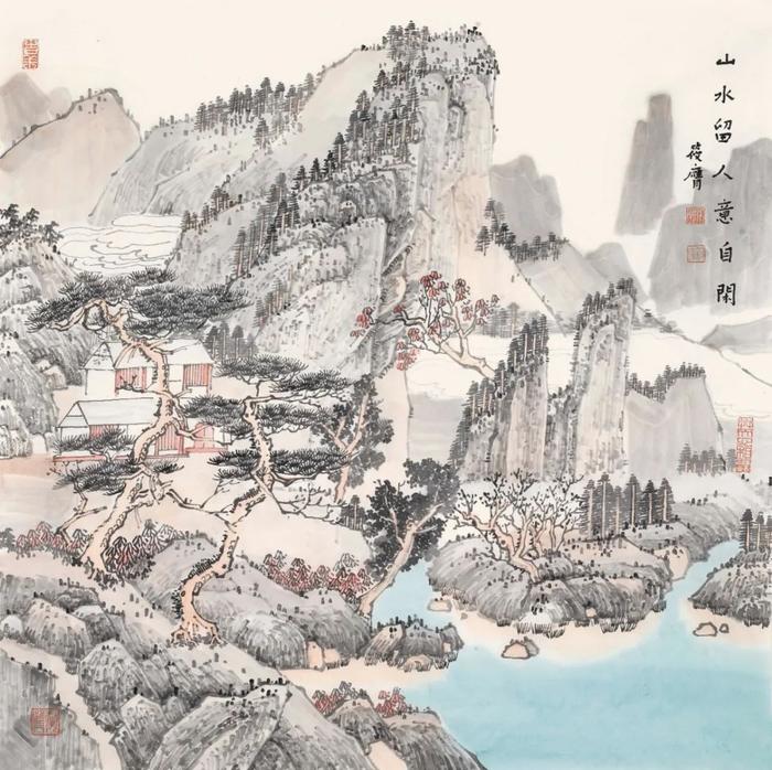 山水留人意自閒70x70cm,紙本設色讀筱膺的畫可以領略到她對儒,道,釋的