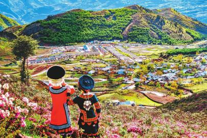 鲜花盛开的彝寨新村。