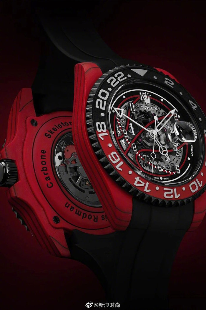 表壳换上象征芝加哥公牛的红黑配色,碳纤维材质,篮球造型的镂空表盘能