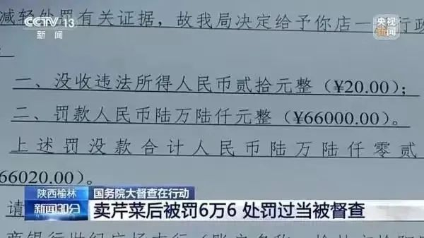 ▲去年8月，央视报道陕西省个体户卖5斤不合格芹菜被罚6.6万元案例。