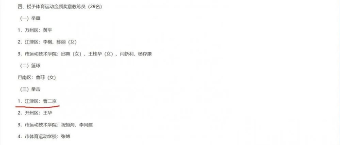 ▲曹二京曾获得重庆市体育局颁发的教练员金质奖章。图片来源/重庆市体育局官网