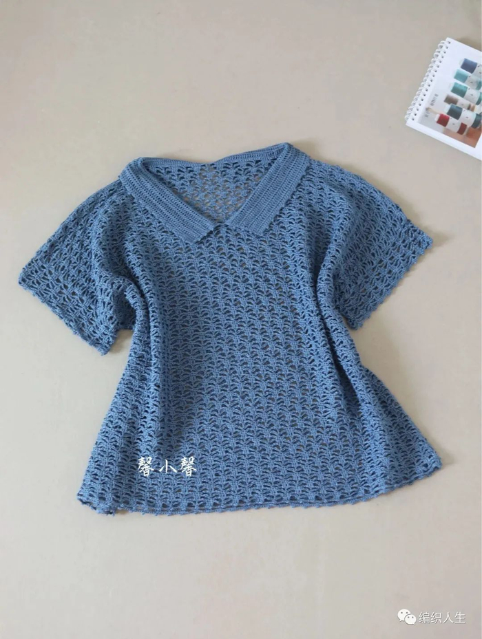 夏天穿超合适,悠蓝:钩针宽松小翻领罩衫(有编织图解)|钩针|罩衫|袖笼