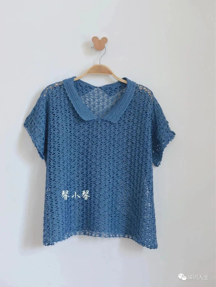 夏天穿超合适,悠蓝:钩针宽松小翻领罩衫(有编织图解)|钩针|罩衫|袖笼