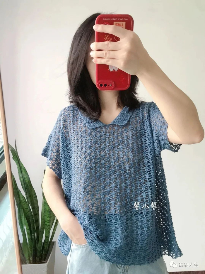 夏天穿超合适,悠蓝:钩针宽松小翻领罩衫(有编织图解)|钩针|罩衫|袖笼