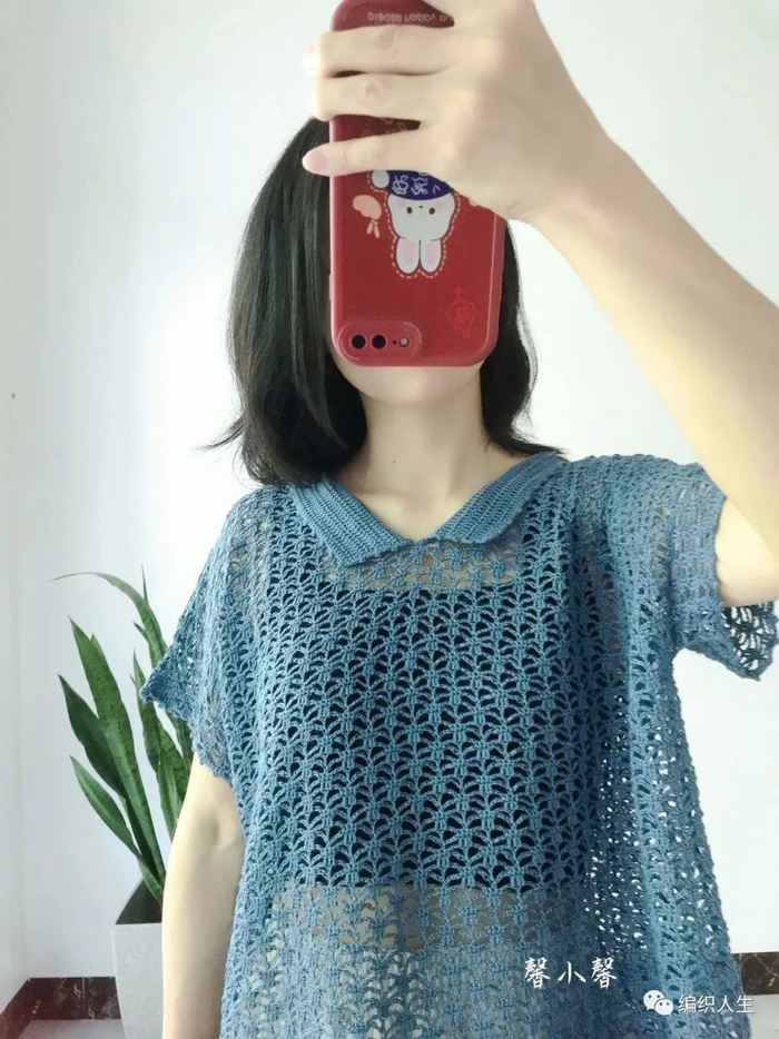 夏天穿超合适,悠蓝:钩针宽松小翻领罩衫(有编织图解)|钩针|罩衫|袖笼