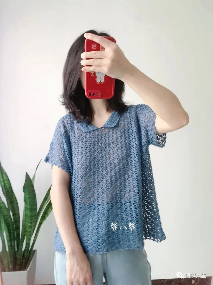 夏天穿超合适,悠蓝:钩针宽松小翻领罩衫(有编织图解)|钩针|罩衫|袖笼