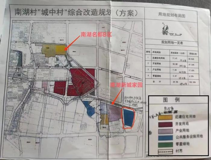 ▲南湖村“城中村”综合改造规划方案，黄色部分为还建住宅，紫色部分为产业用地。受访者供图