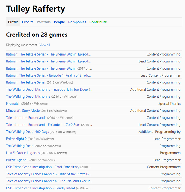 拉弗蒂负责过原TellTale的二十多部游戏