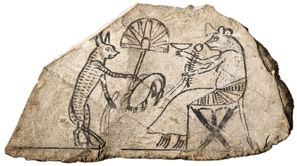 陶片画“猫仆人伺候老鼠”