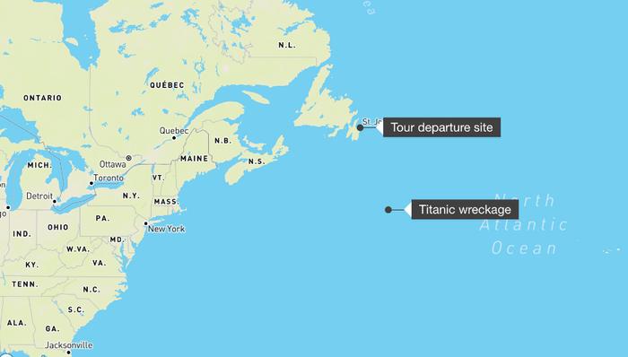 △泰坦尼克号残骸遗址位置，来源：MapBox