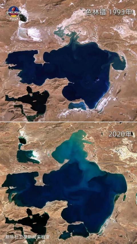 △色林错的水域有了明显的增加。图片来源：新华社卫星新闻实验室