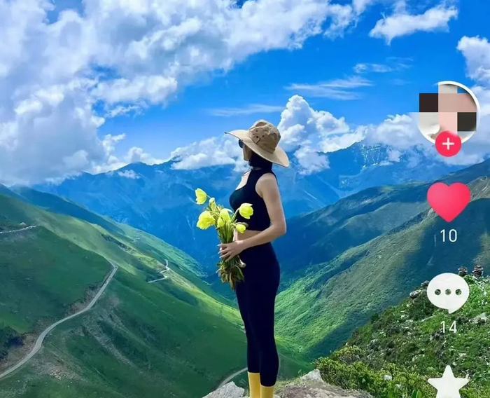 女子手持绿绒蒿打卡拍照