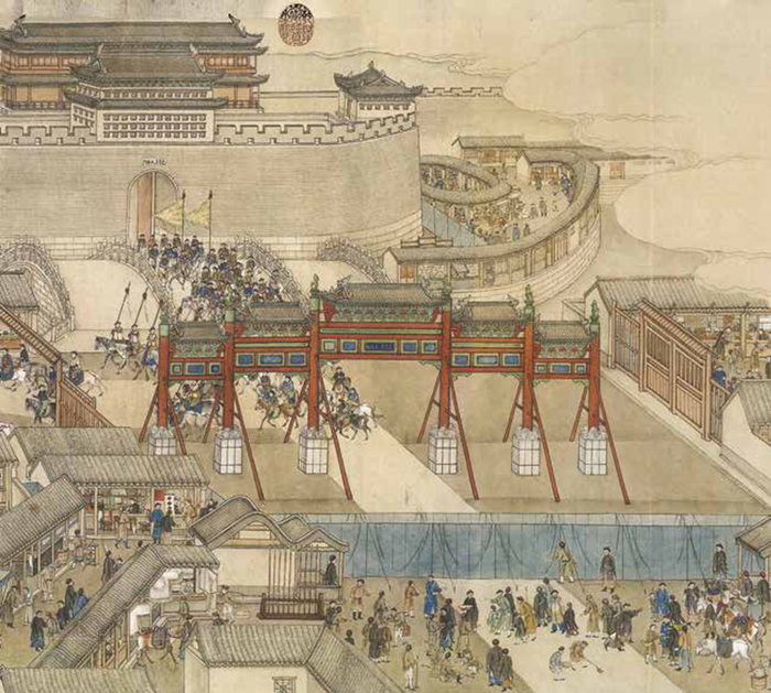 《乾隆南巡图·启跸京师》里的五牌楼，满文在右，汉文在左（《中轴之门》内页插图）。