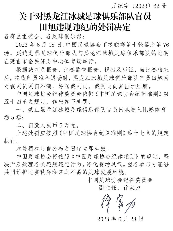 中国足协连开5张罚单