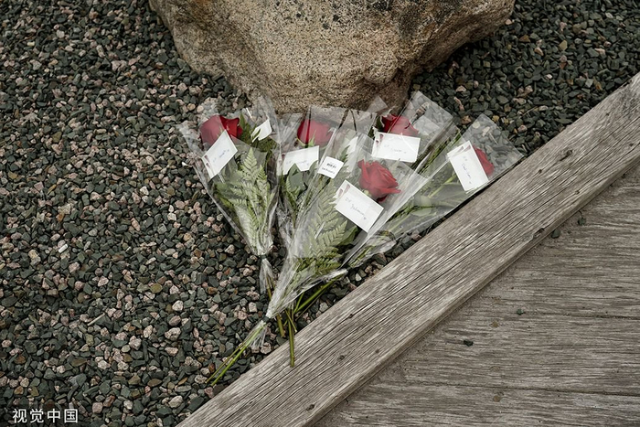 当地时间2023年6月23日，加拿大纽芬兰，在圣约翰港，民众在国王海滩上敬献的鲜花。