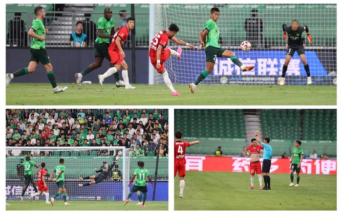 买提江攻破韩佳奇的十指关后，因脱衣庆祝吃到黄牌。  新京报记者 王飞 摄