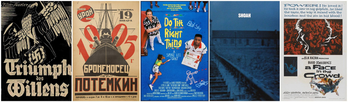 从左到右为本次片单六到十名：《意志的胜利》《战舰波坦金号》《不做亏心事》《浩劫》《登龙一梦》海报