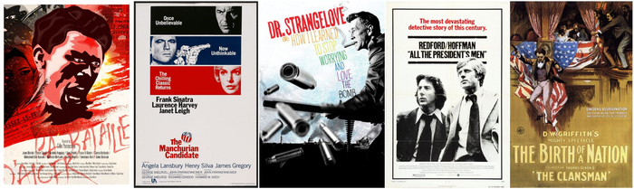 从左到右为本次片单一到五名：《阿尔及尔之战》《谍影迷魂》《奇爱博士》《总统班底》《一个国家的诞生》海报