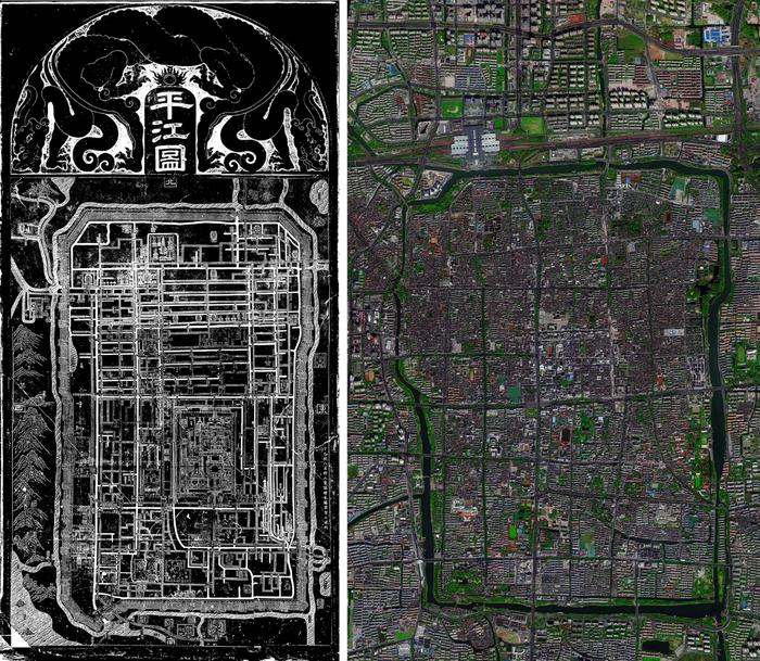  拼版照片：左图为宋代碑刻《平江图》（资料照片）；右图为2023年3月拍摄的苏州古城的卫星图像。