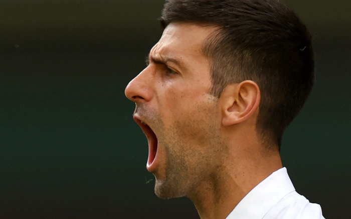 德约科维奇咆哮庆祝得分，他将冲击温网第8冠。  图/新华社