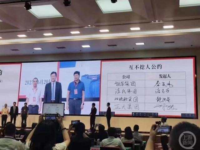 6月20日，牧原集团组织的“开放日”活动上，四家生猪养殖行业龙头企业联合签署《互不挖人公约》。图片来源/网络