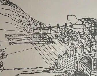 南怀仁利用滑轮和绞盘运输巨石过卢沟桥的示意图。