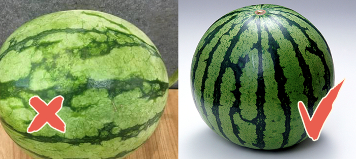 挑选右侧这种纹路清晰,果形周正的西瓜