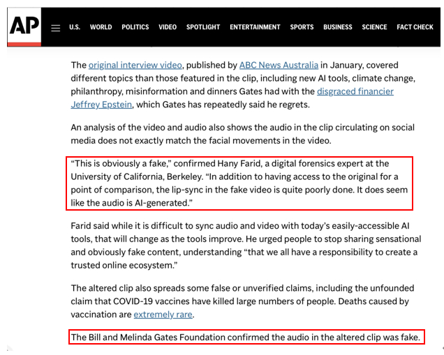 美联社新闻援引取证专家及盖茨基金会的事实核查报道内文截图